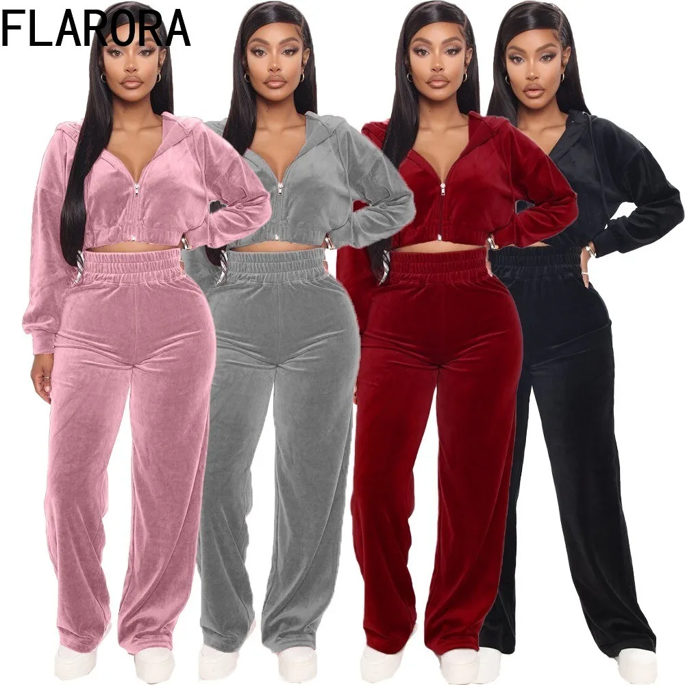 

FLARORA Fall Velvet Two Piece Sets Woman Long Sleeve Zip Hooded Jackets And High Waist Pants Outfits Casual Street Tracksuits