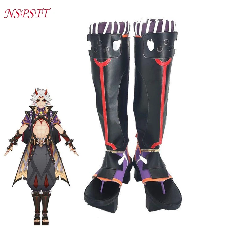 NSPSTT Genshin Impact Arataki Itto Cosplay Shoes 2 Styles Arataki Itto High Heel PU Leather Christmas Men Sandals Boot