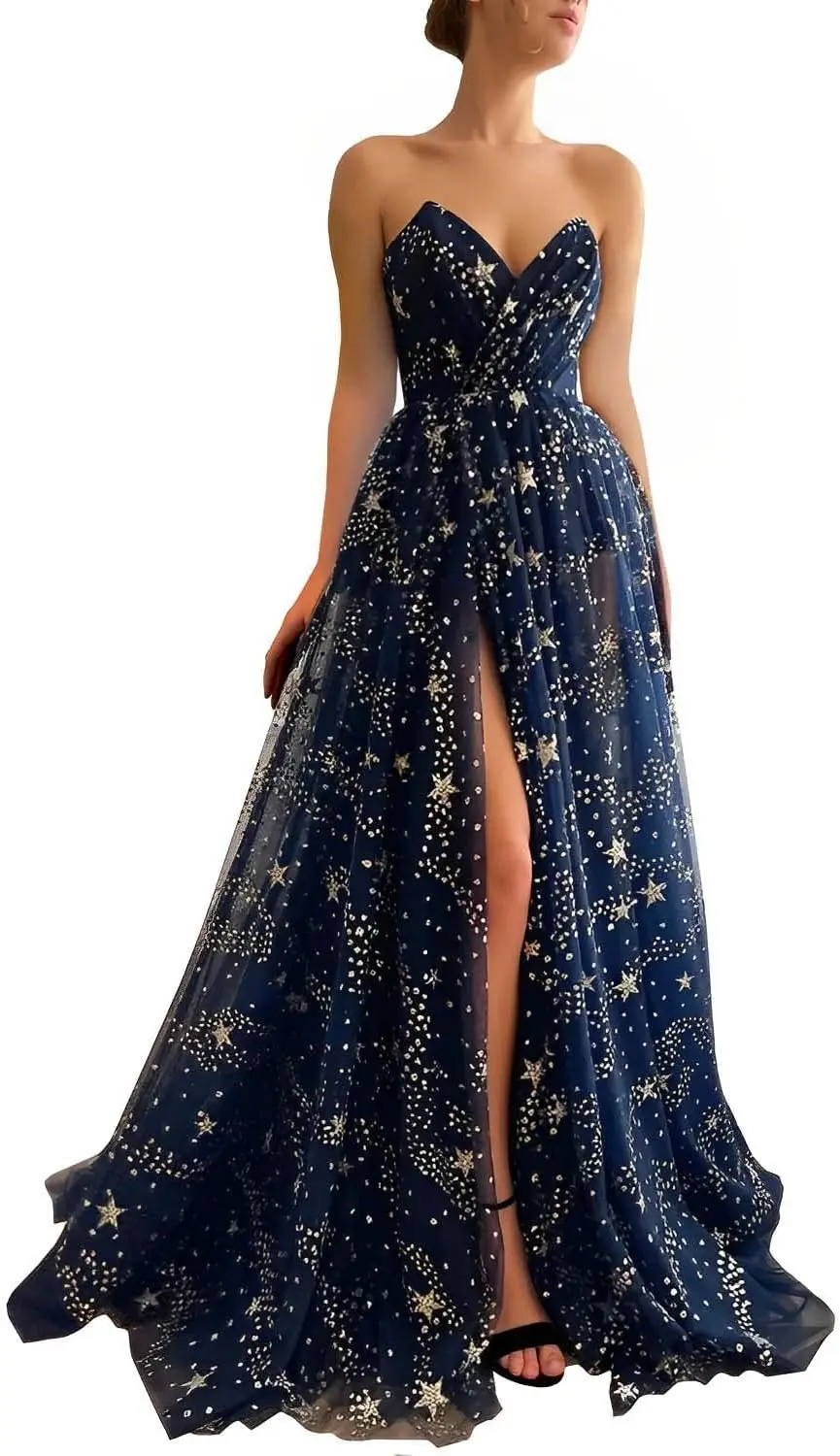 

V Neck Luxury Women's Sparkle Starry Tulle Prom Dresses Strapless Slit Formal Evening Party Gowns Formal Dress Women Elegant