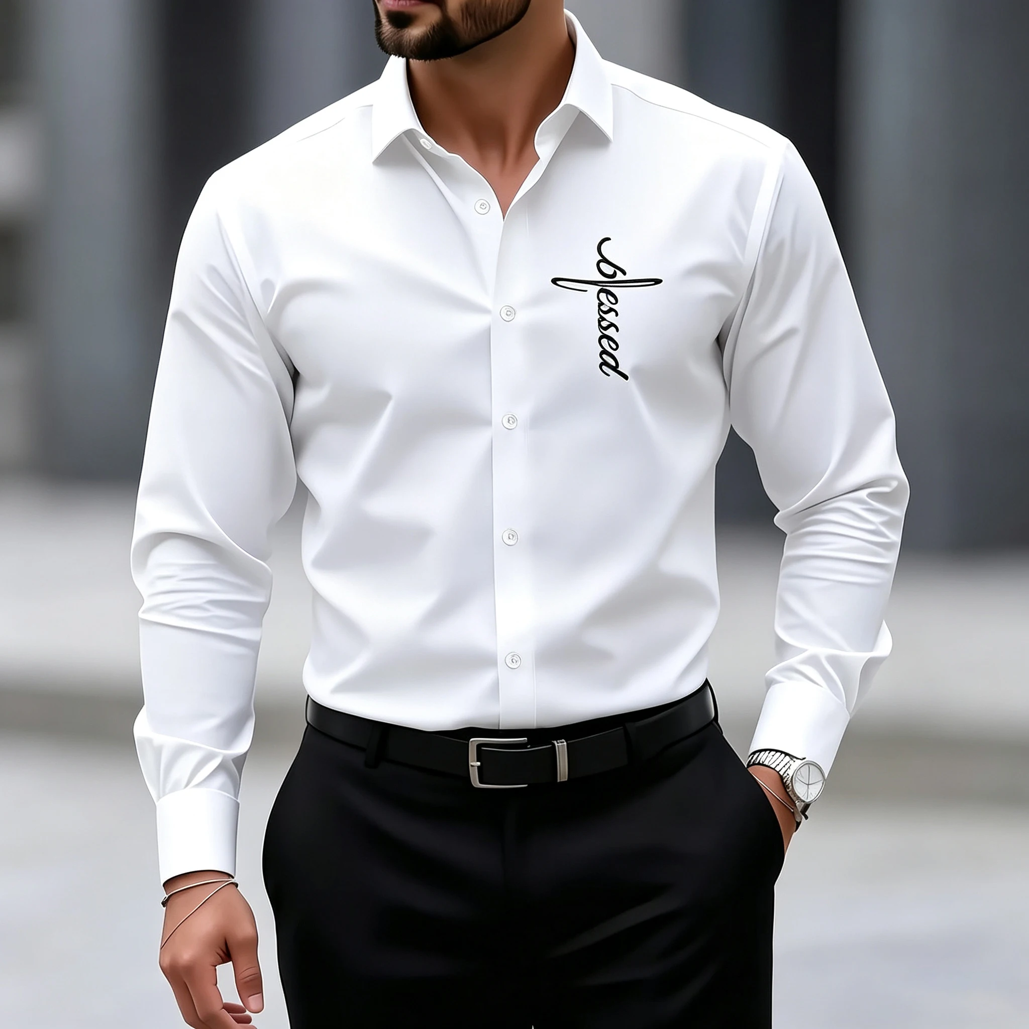 Men's Long-Sleeve Collared Shirt, Blessed Cross Print Stretch Business Shirt, Commuting Slim Fit Light Luxury Cardigan Top