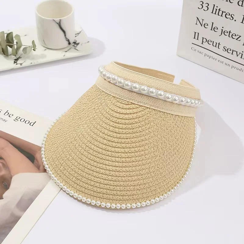 2024Grass woven pearl hollow top hat summer Korean version outdoor sunshade hat for cycling, Lafite straw hat sunscreen sun hat