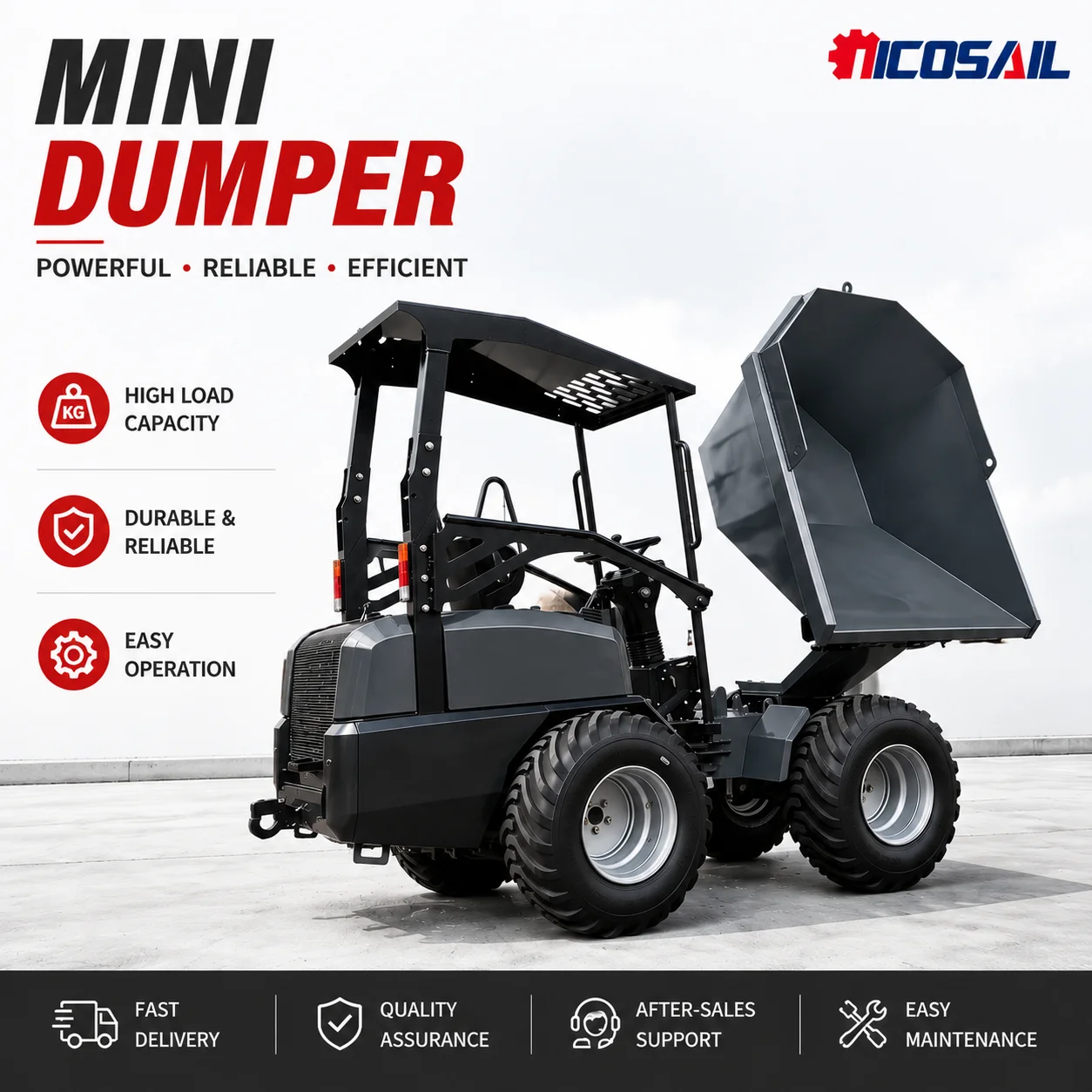 D130 Compact Wheel Dumper Mini Dump Truck Hydraulic Site Dumper for Construction Agriculture Garden Work