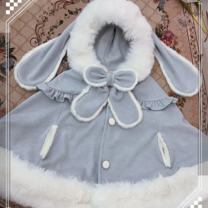 Original Japanese Soft Girls Kawaii Hooded Cloak Autumn Winter New Woman's Cute Bow Plush Thickened Lolita Short Jacket Capes