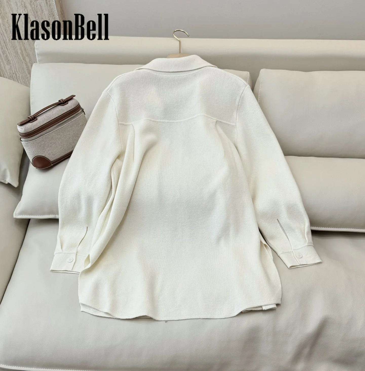 9.4 KlasonBell Women\'s Embroidery Letter 100% Wool Knit Long Sleeve Cardigan Double Pocket Buttonless Lapel Side Split Coat