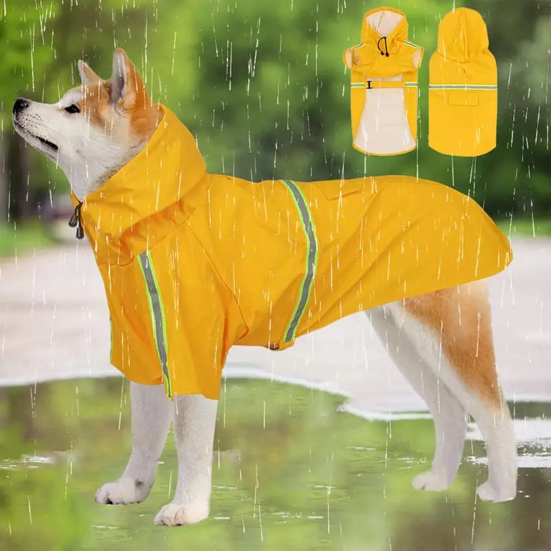 Dog Raincoat Easily Wearable Pet Rain Jacket Adjustable Hooded Pet Coat Poncho With Reflective Strip High-Visibility Breathable