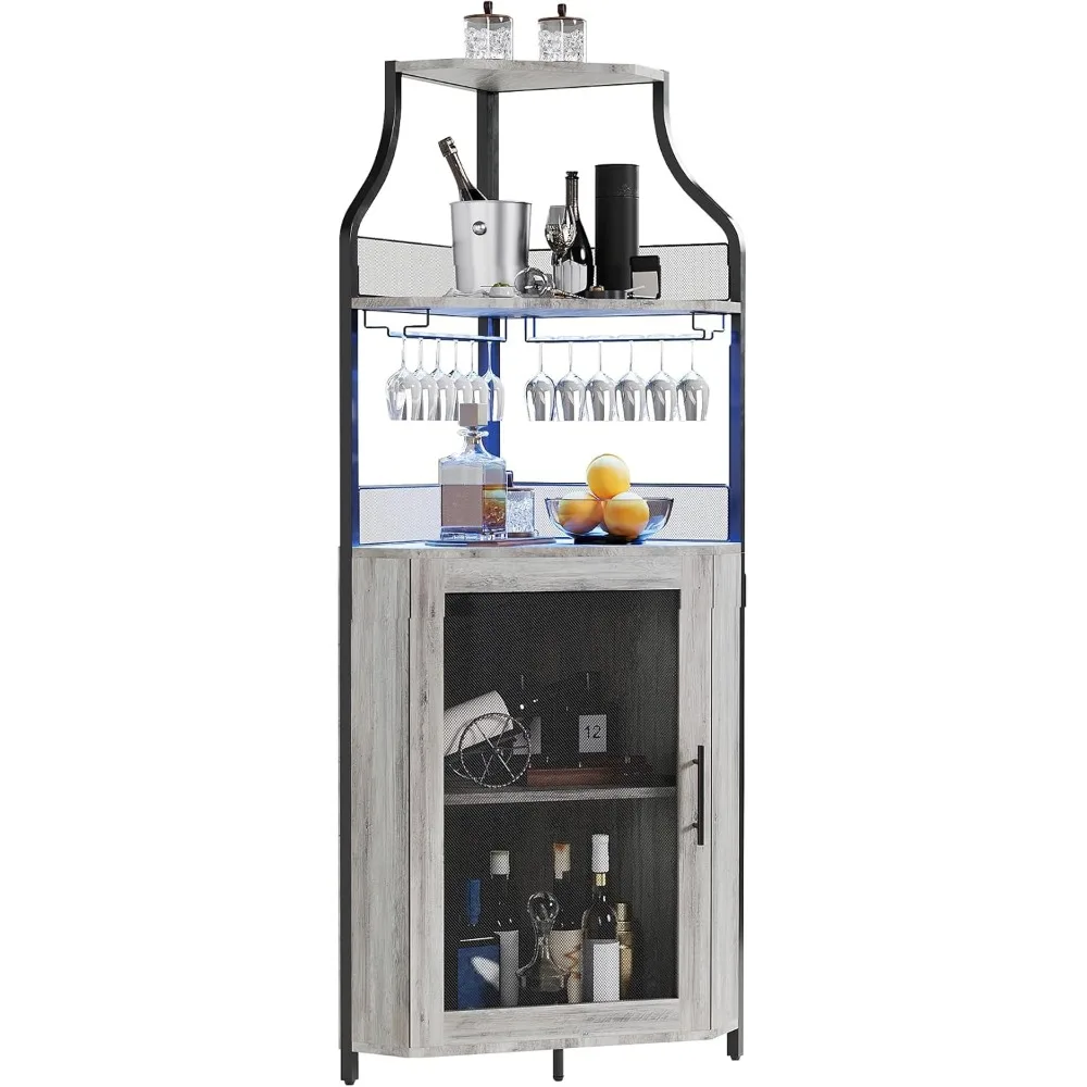 

"5-Tier Corner Liquor Cabinet - LED Wine Bar w/ Removable Rack, Glass Holder & Mesh Door"​