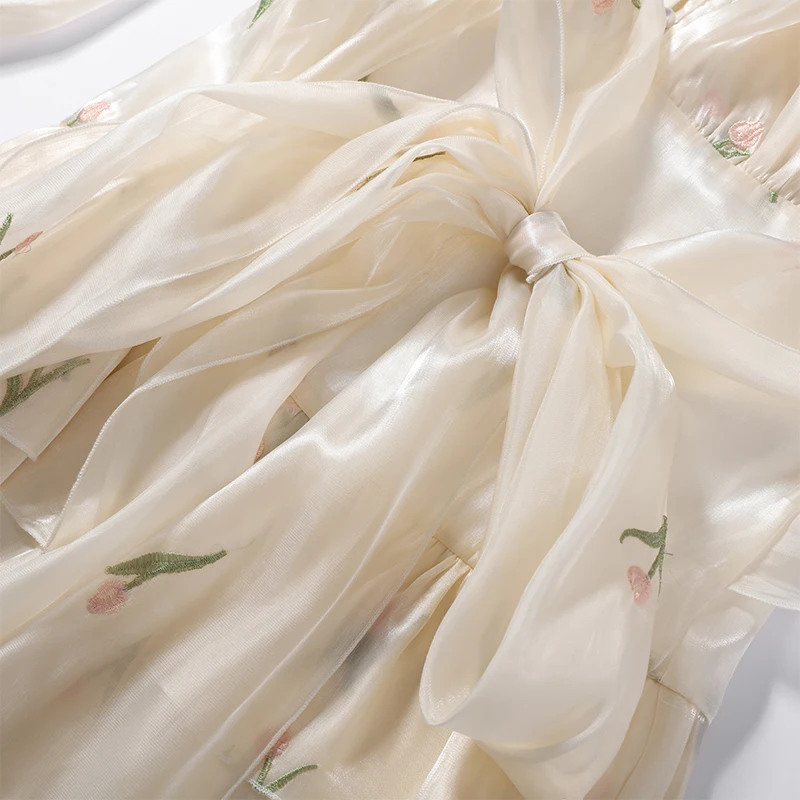 2026 Spring Summer Floral Embroidered Chiffon Wrap Tie Waist Ruffle Mini Dress Sheer V-Neck Romantic Feminine Women Date Vestido
