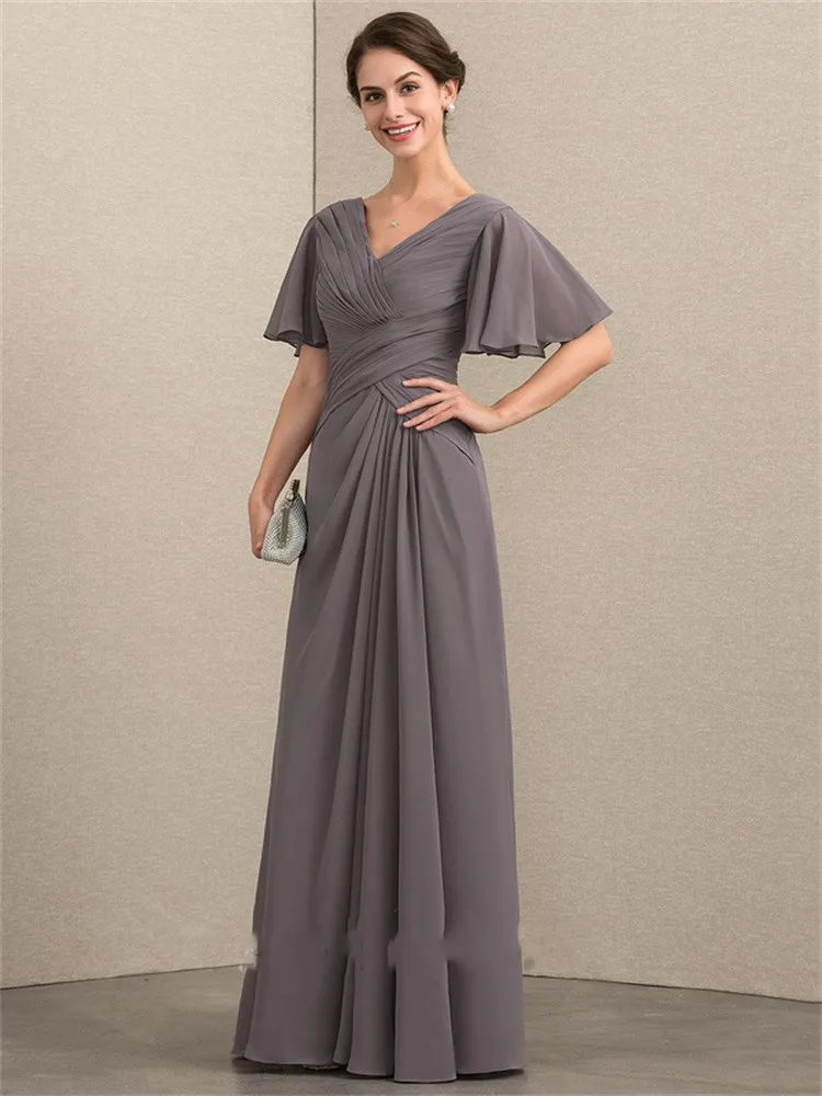 A-Line Mother of the Bride Dress Elegant V Neck Tea Length Chiffon Lace Short Sleeve with Pleats Appliques Women's Evening Dress