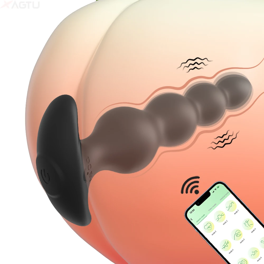 APP 남녀공용 진동 항문 구슬 엉덩이 플러그, 부드러운 실리콘 자위기, 전립선 마사지기, 항문 공