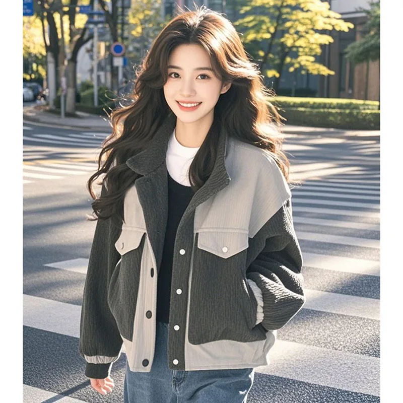 Damska kurtka patchworkowa na wiosnę i jesień, płaszcz damski w stylu europejskim z wysokim kołnierzem, luźna odzież wierzchnia z długim rękawem.