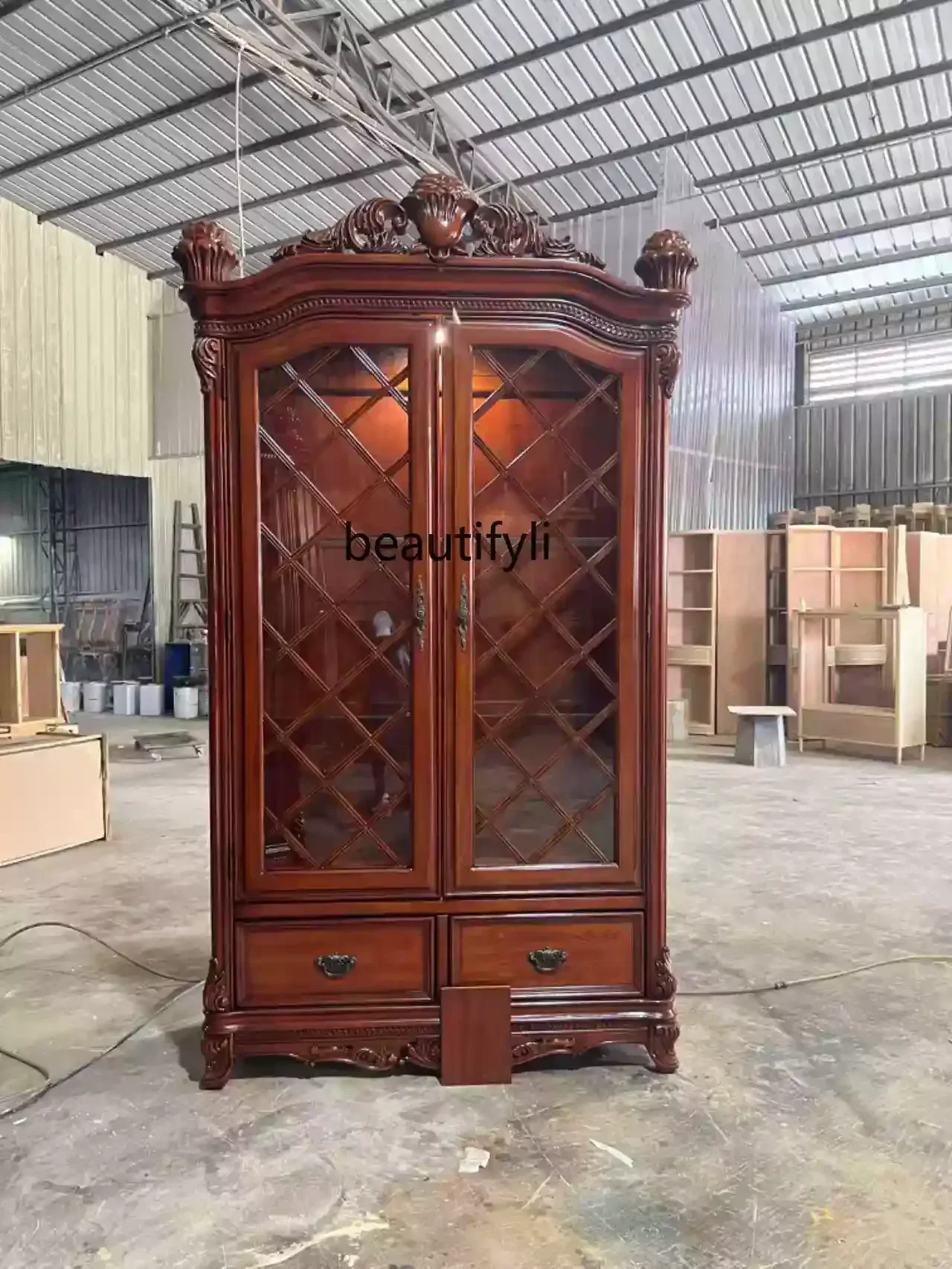 European Style Solid Wood Two-Door Living Room Dining Storage Home Display Cabinet Wall-Mounted Storage Cabinet Carved