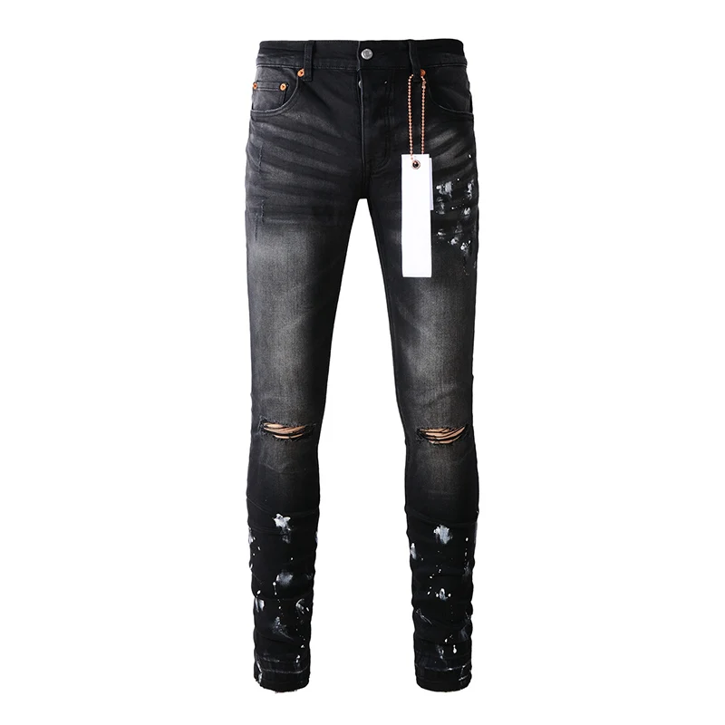 Men's American Streetwear Distressed Black Skinny Splash Paints Holes Button Fly Ripped Jeans Pants