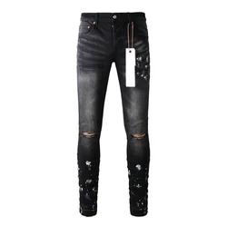 Men's American Streetwear Distressed Black Skinny Splash Paints Holes Button Fly Ripped Jeans Pants