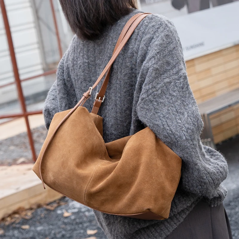 

Women's Suede Cow Real Leather Shoulder Bags Ladies Soft Retro Cowhide Hand Bag Female Designer Luxury and Lazy Commute Handbags