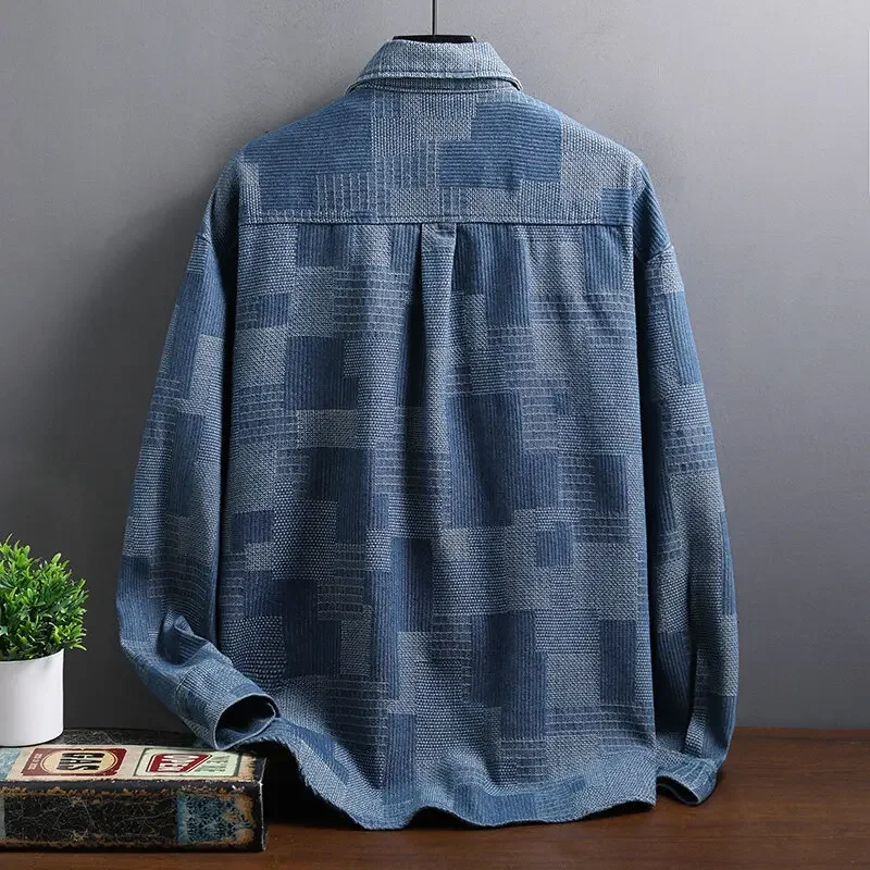 Trendy Men's Denim Shirt Skin-friendly and Breathable Color-block Lapel Long-sleeve Casual Shirt Comfortable Men's Versatile Top