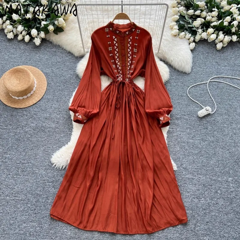 

Matakawa Vestidos Mujer Embroidered Lantern Sleeve Spring Autumn Vintage Bohemian Women Dresses Single Breasted Long Dress