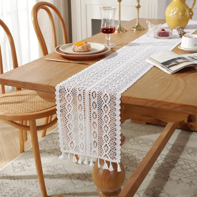 

Vintage Pastoral Cotton Knitted Table Runner with Hollowed Out Lace Tassel Boho Dining Wedding Table Decoration Table Flag Cloth