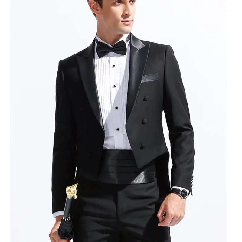 Black Formal Men Tail Suits with Double Breasted Groom Tuxedos for Wedding 3 Piece Male Fashion Set (Jacket+ Pants + Waistband)