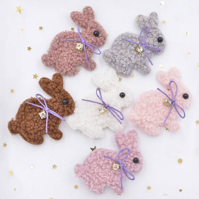 6Pcs Teddy Plush Padded Patches Kawaii Rabbit with Bow Rhinestone Appliques for Clothes Leggings Crafts DIY Hairpin Decor