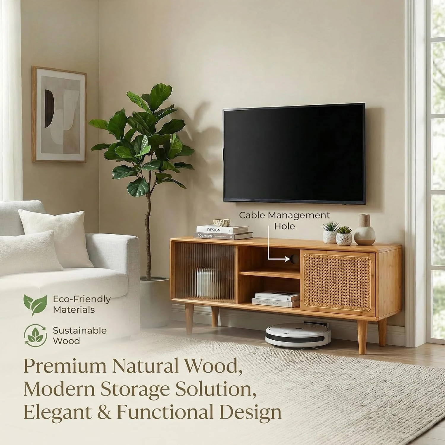 Rattan Television Stand Media Console Table For Living Room Bedroom, Modern Entertainment Center Display Storage Organizer Cabinet Rack With Doors And Adjustable Shelves, Natural, 1 Piece