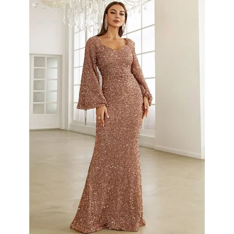 

Elegant Women Sequins Corset Party Dress Sexy Fashion Flare Long Sleeve V Neck High Waist Mermaid Evening Graduation Dress Gown