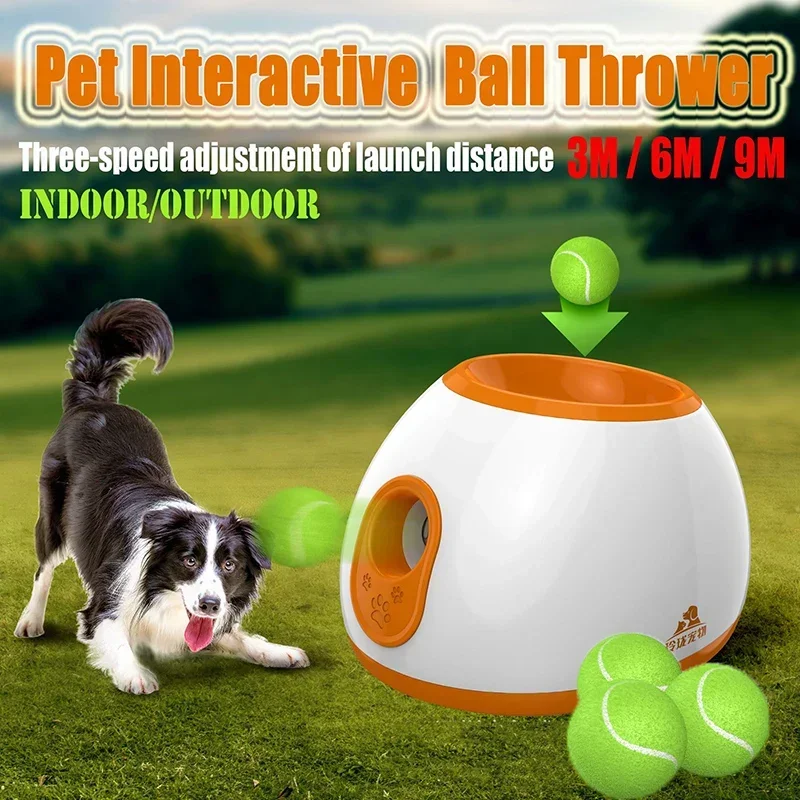 Dog Pet Toys Tennis Launcher Automatic Throwing Machine Pet Ball Throw Device 3/6/9m Section Emission with 3 Balls Dog Training