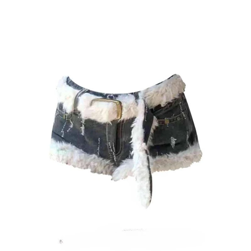 2026 New Y2k Spice Girls Retro Abraded Hairy Plush Denim Shorts Female Slim Hips Wide Leg Hot Pants