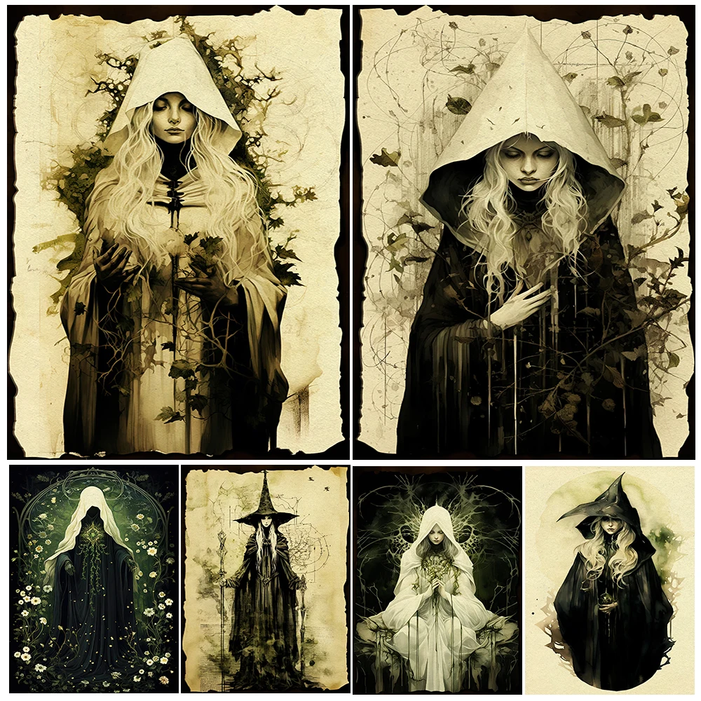 

Dark Fantasy Witch Vintage Wall Art Canvas Painting,Dark Forest Magic Spell Junk Journal Pages Art,Poster And Print Home Decor