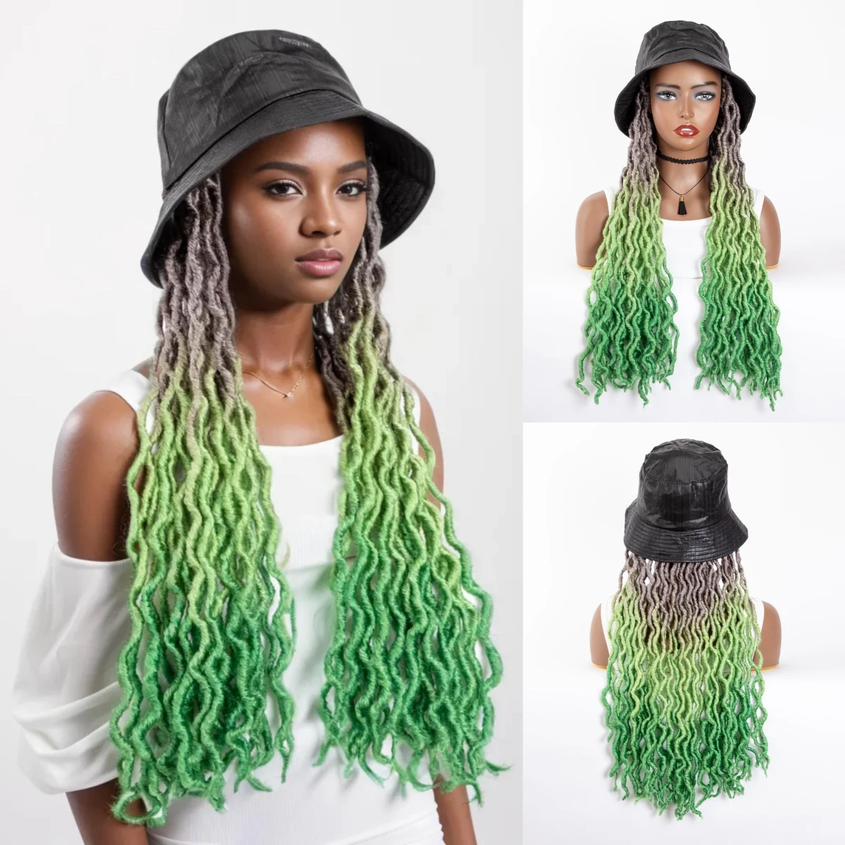 Long Goddess Faux Locs Synthetic Ombre Grey Light Deep Green Gypsy Braiding Extensions Hair Braids With Bucket Hat Wig For Women