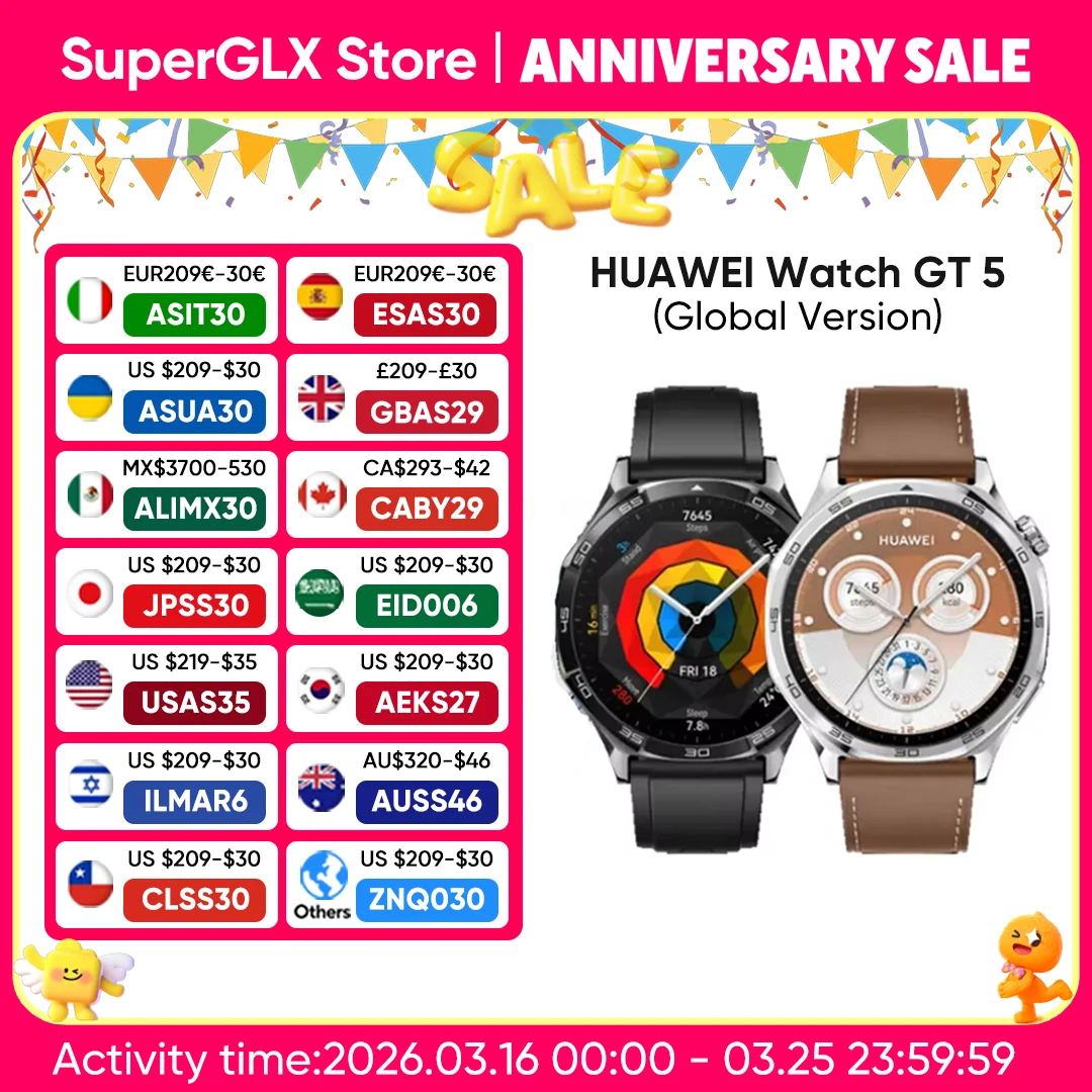

Global Version HUAWEI WATCH GT 5 Smartwatch AMOLED Screen 46mm Buit-in Map Replay Message Compatible with iOS and Android NFC