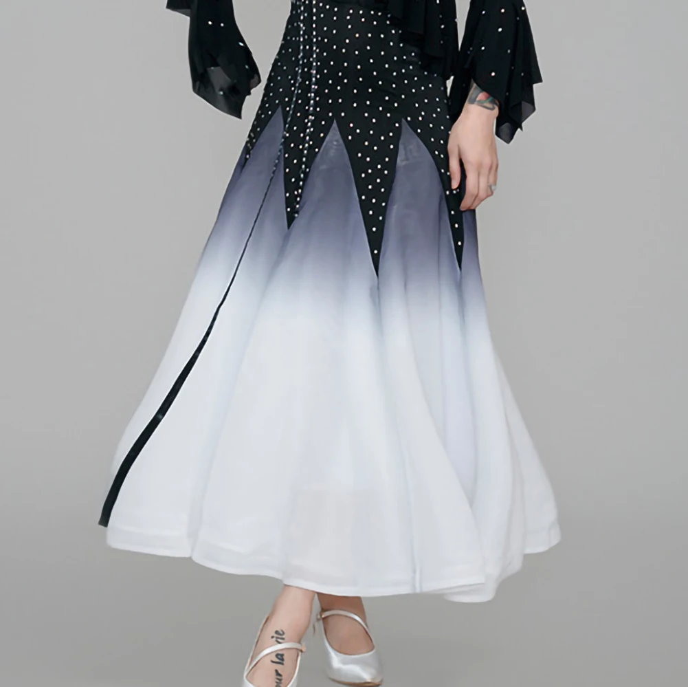 Gonna valzer Ballo da sala Abito da valzer con strass Abito da pratica di danza da sala rosso flamenco bianco sfumato di alta qualità