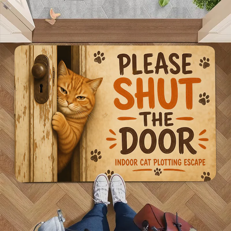 Funny Pet Cat Non‑Slip Doormat, Please Shut The Door Letter Rug, Practical Entry Mat for Front Porch Indoor Outdoor Home
