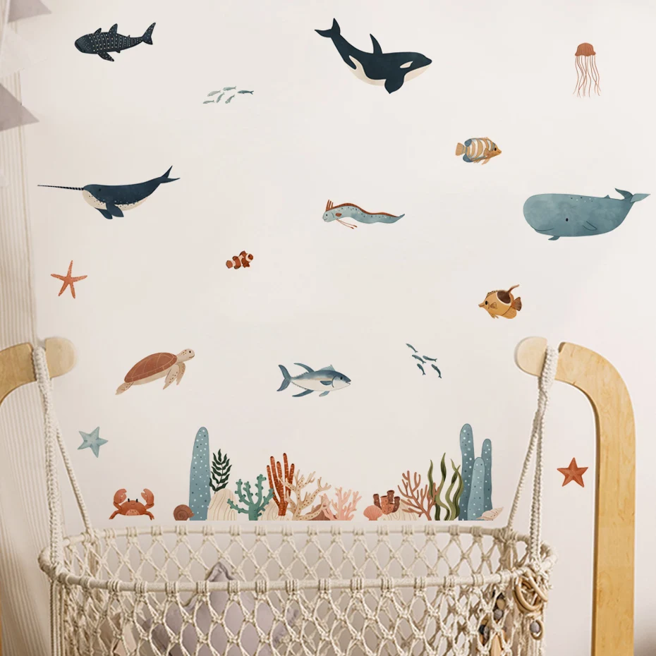 Sea Animals Wall Sticker Underwater World Fish Wall Decal Vinyl Nursery Art Decals for Babys Boys Room Home Decor