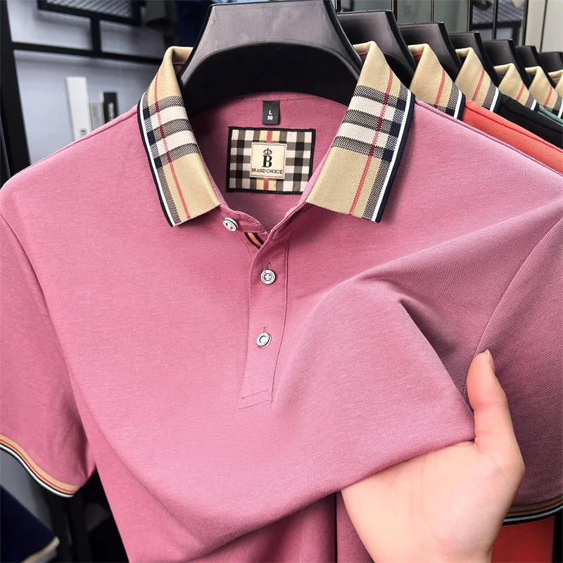 High end silky cotton breathable short sleeve polo shirt men's summer new trend plaid lapel designer brand casual golf T-shirt image 4