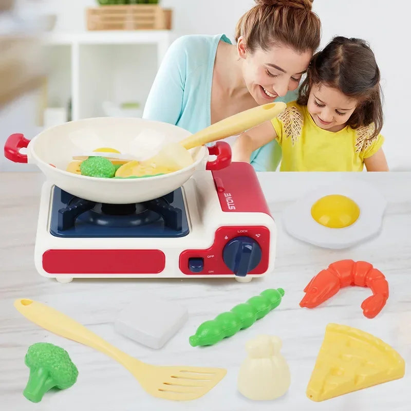 11pcs/set Simulate gas stove vegetable shrimp music LED Lights kids kitchen toy set Play house Interactive Toy baby best gift