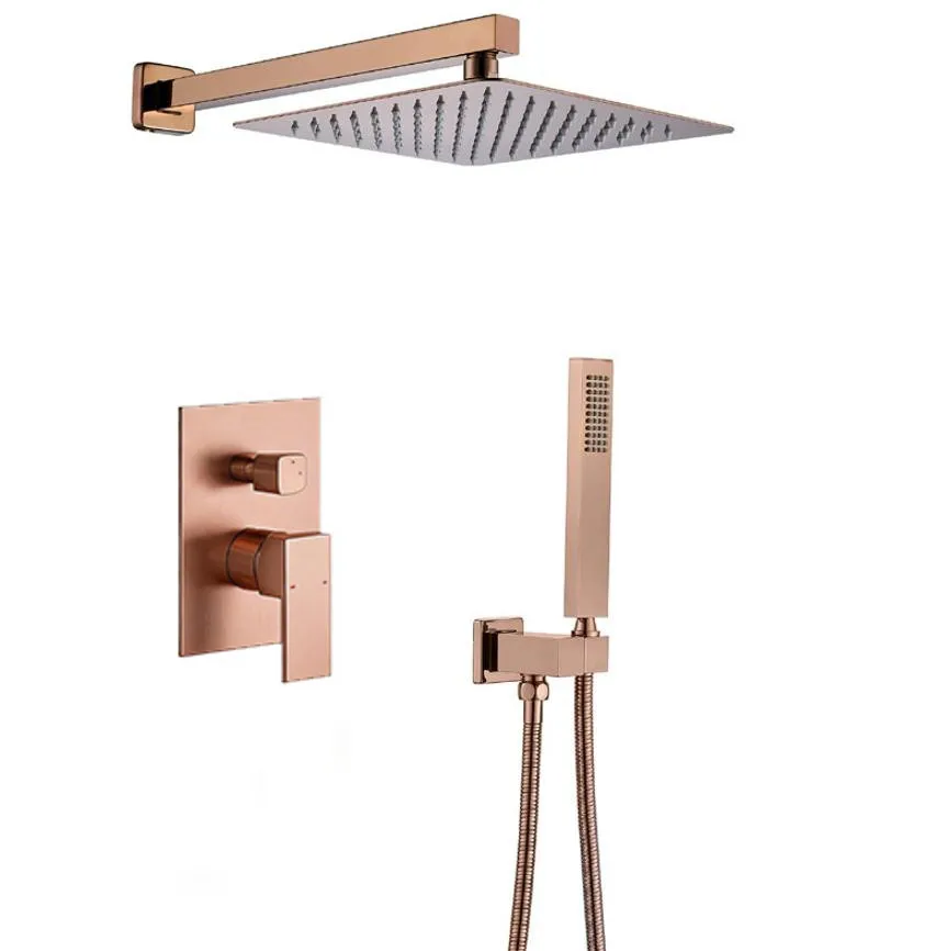 Brushed Rose Gold Shower Faucet Set Rainfall Bathroom Faucet Brass Diverter Mixer Tap Hand Held 10 inch  Head Wall Arm Valve Kit