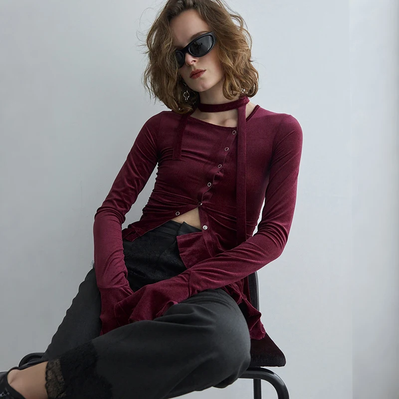 Neck tie velvet diagonal buckle solid color cardigan lace long sleeved T-shirt top