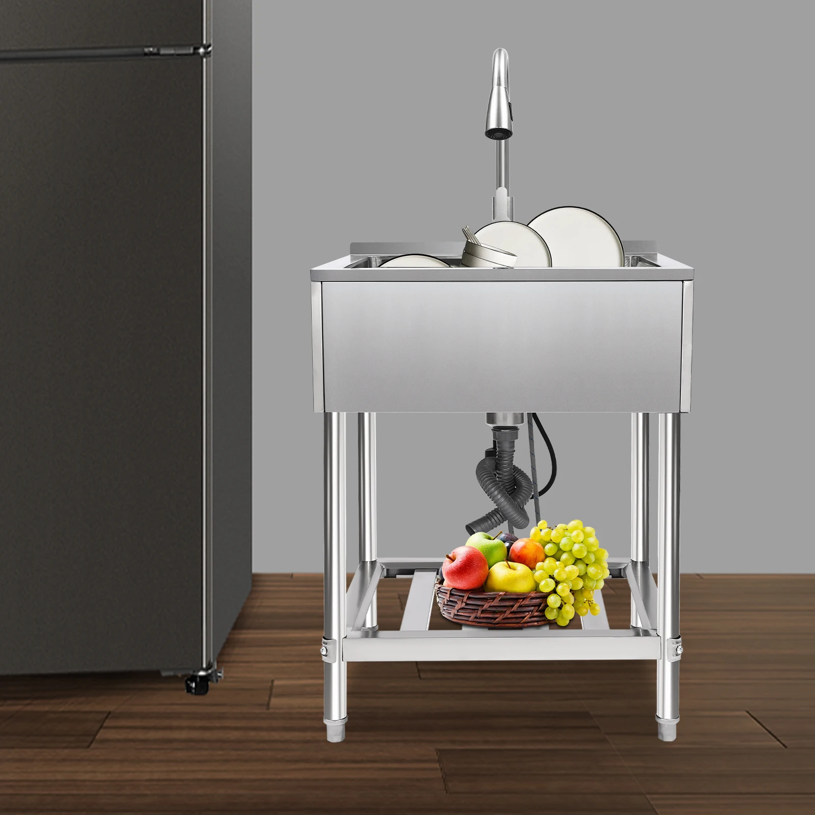 

Раковина для стирки с одной чашей, коммерческая раковина, раковина для стирки из нержавеющей стали с подставкой, серебро, современная, прямоугольная раковина, сад, кухня