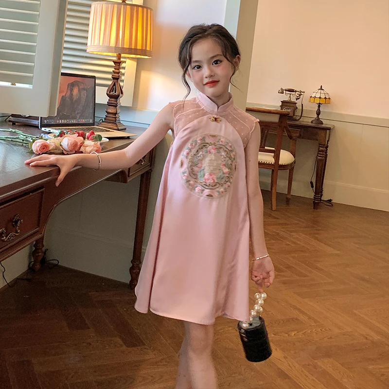 Cute Girls Pink Embroidered Floral Qipao Summer Baby Cheongsam Dress Chinese Ancient Tang Hanfu Skirt Kids New Clothes Costumes