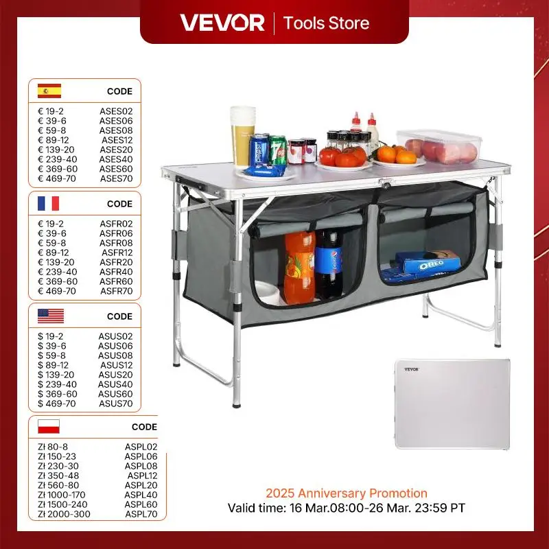 VEVOR طاولة المطبخ التخييم الإعداد السريع للطي طاولة تخييم MDF طاولة التخييم للنزهات في الهواء الطلق شواء التخييم RV السفر