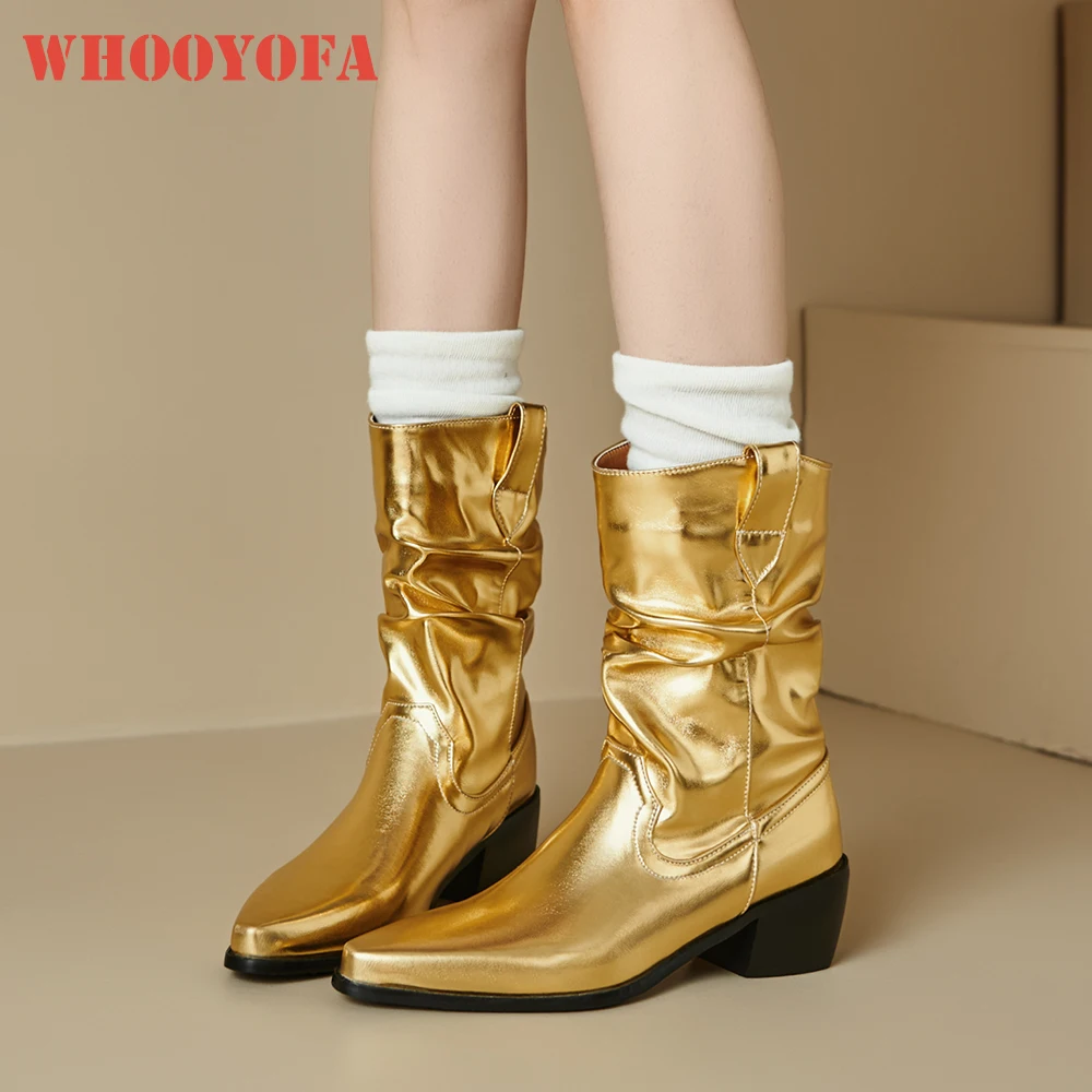 

2025 Новые зимние женские ботинки до середины икры из золота и серебра с напуском на высоком каблуке, женская повседневная обувь плюс маленький большой размер 32 11 44 46 48