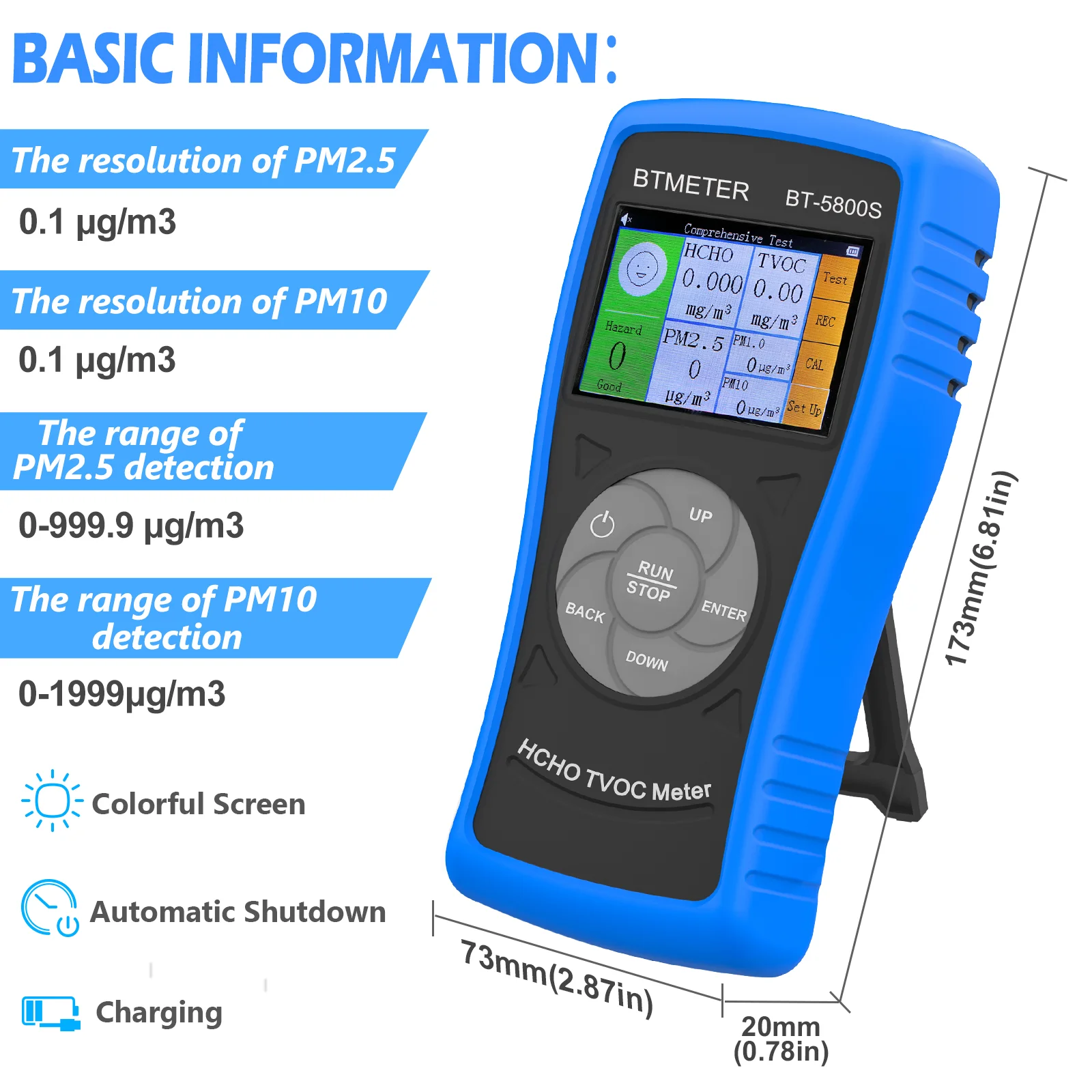 BT-5800S 3 in 1 Air Quality Monitor, Formaldehyde Detector to Test PM2.5, PM10, HCHO, TVOC, USB Rechargeable for Indoor, Outdoor