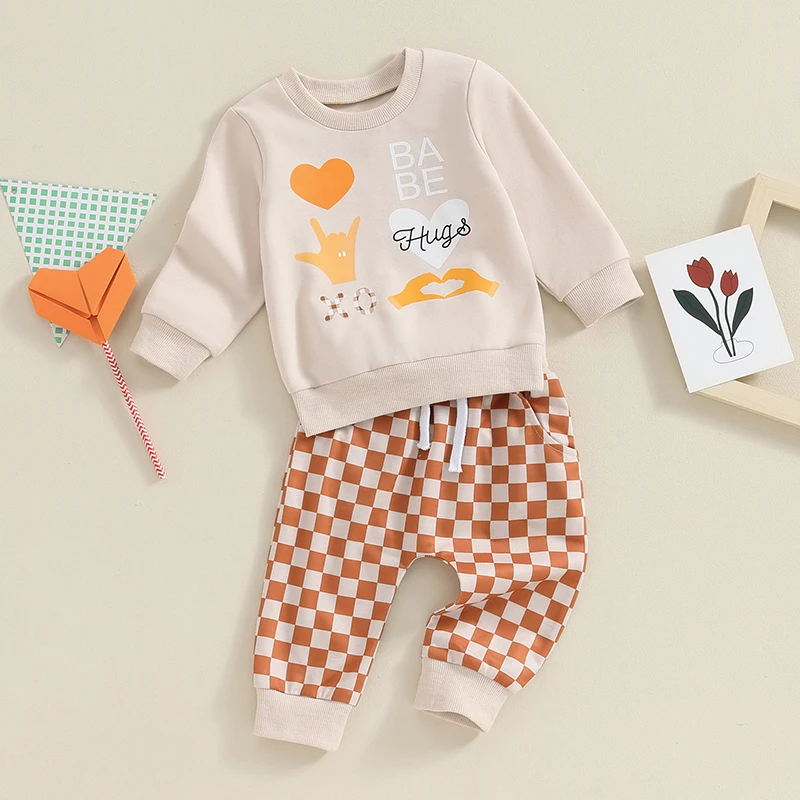 

Valentine s Day Toddler Boys Heart Print Long Sleeve Sweatshirt and Checkerboard Long Pants 2-Piece Outfit Set with Love Letter