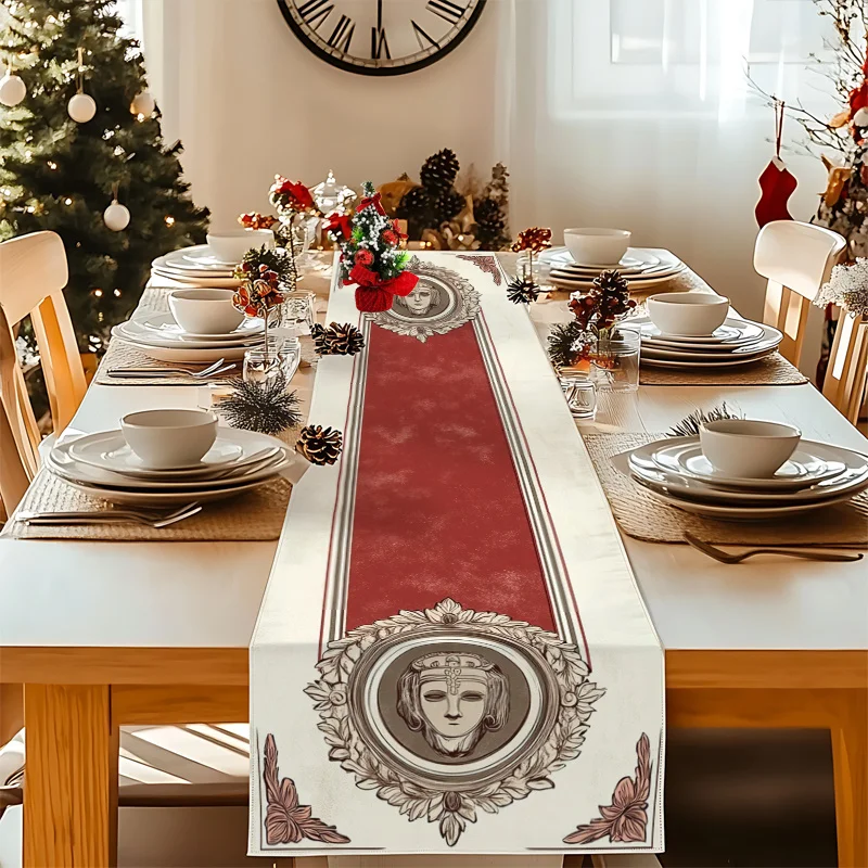 1 Piece Roman-Style Table Runner with Red Background and Classical Portrait Pattern, Suitable for Farmhouse, Indoor, Kitchen, Celebrations, Table Decoration, Restaurant, and Banquet Decoration Supplies