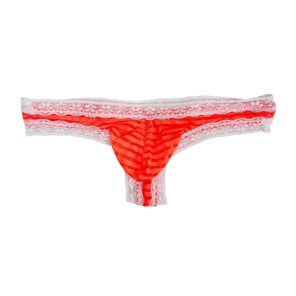 1pc Men Lace Trim Striped G-string Brief Bulge Pouch See Through Underwear Low Waist Sexy Sheer Strips Thong L-3XL Large Size