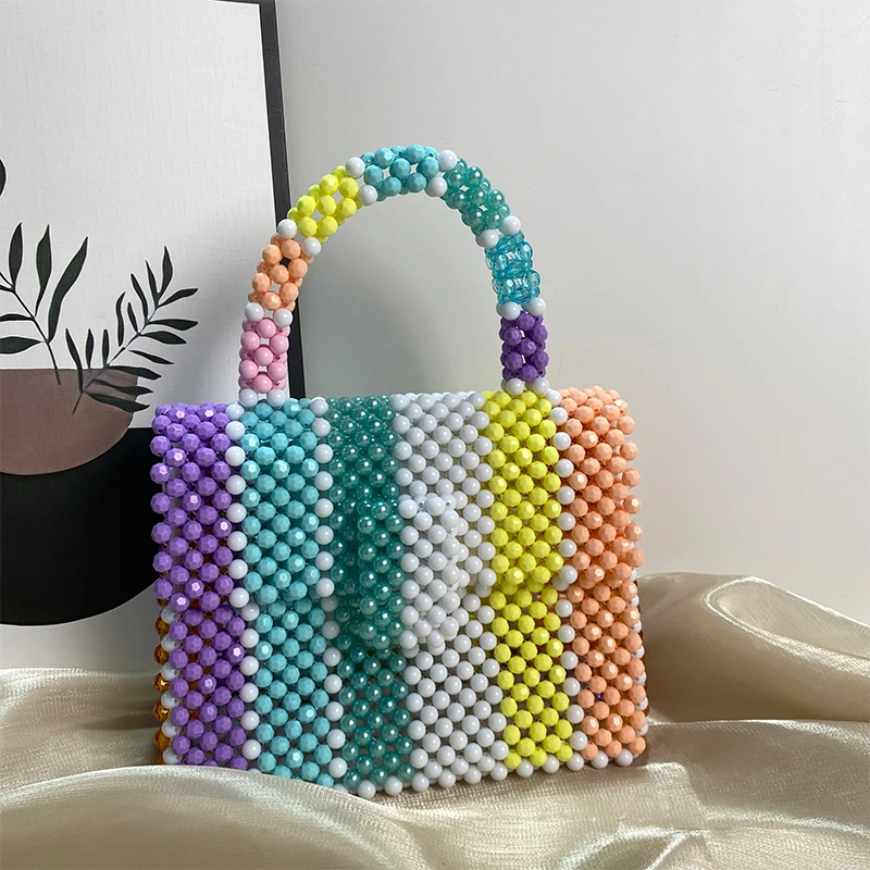 Summer Colorful Large Capacity Women\'s Bag New Rainbow Splicing Beaded Weaving Flip Ladies Handbag Customized Finished Product