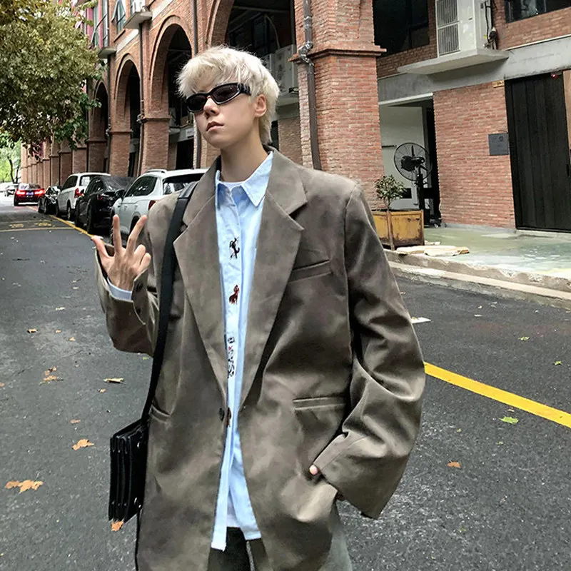 

Khaki Men's Suit Jaet Loose Fit Casual Sle Spring Autumn DK orm Lazy Sloppy Trendy Small Western Clothes