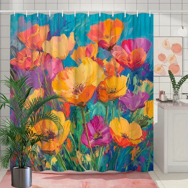 ~O~Vibrant Poppy Field Oil Painting Shower Curtain - Orange, Pink, Purple Flowers with Textured Blue Sky, Polyester,Bathroom Dec