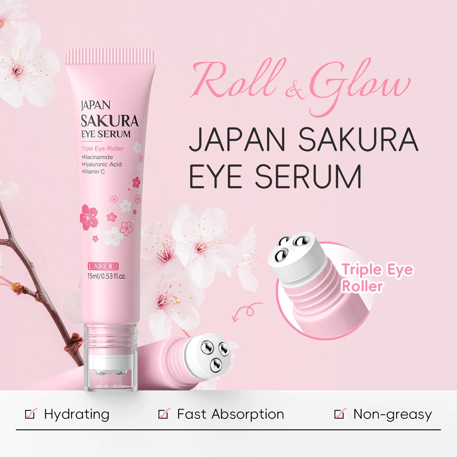 LAIKOU Sakura crema antiarrugas para ojos con bola de rodillo de secado rápido hidratante ácido hialurónico suero refrescante para ojos 15ml