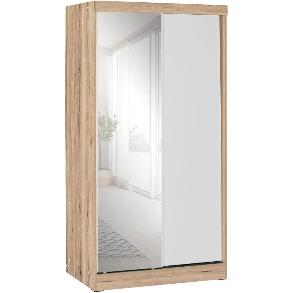 Mirror Wood Double Sliding Door Wardrobe White/Natural Oak